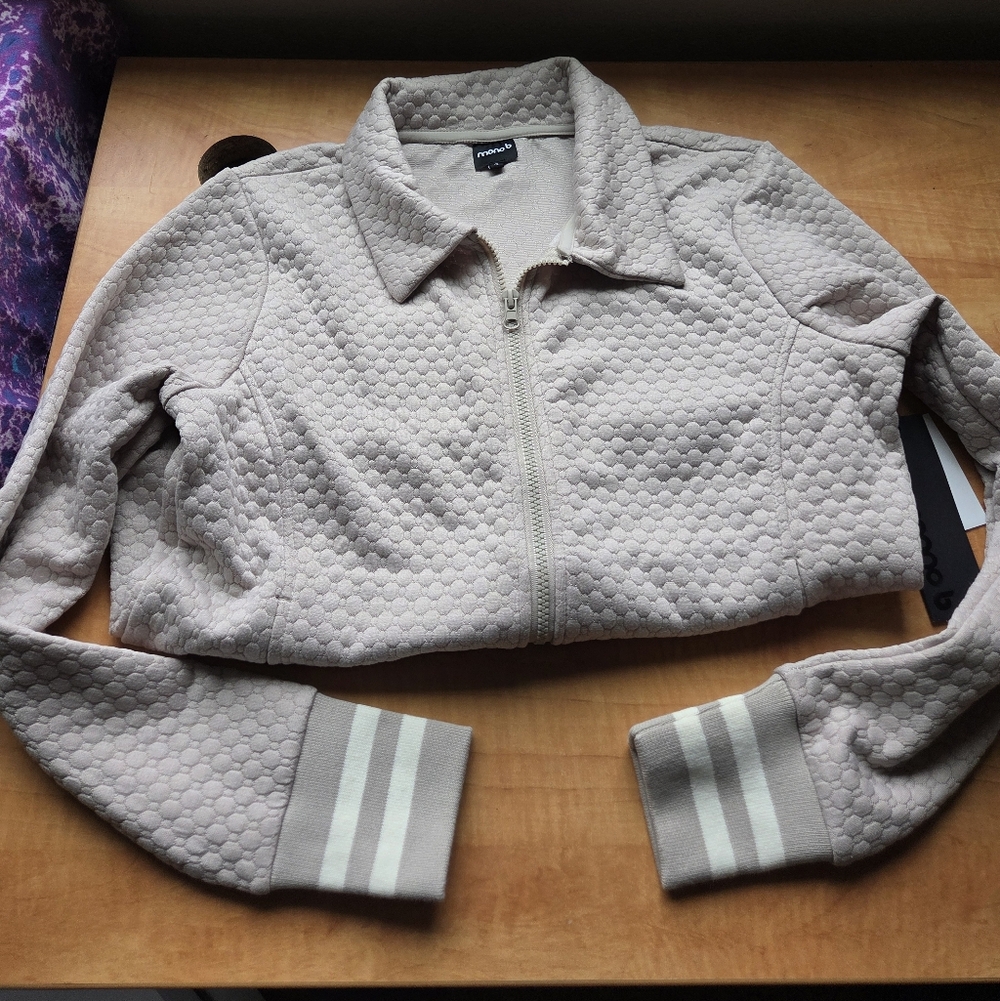 Mono B quilted varsity-style jacket in a beige/oatmeal color
